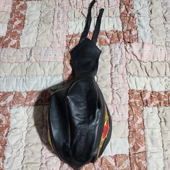 Leather SKULL Cap with Rose/Flames-Very Nice - Picture 2 of 6